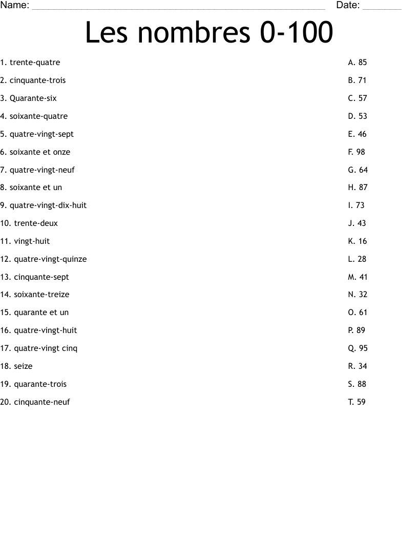 Les Nombres 0 100 Worksheet WordMint French Numbers 1 100 Worksheet