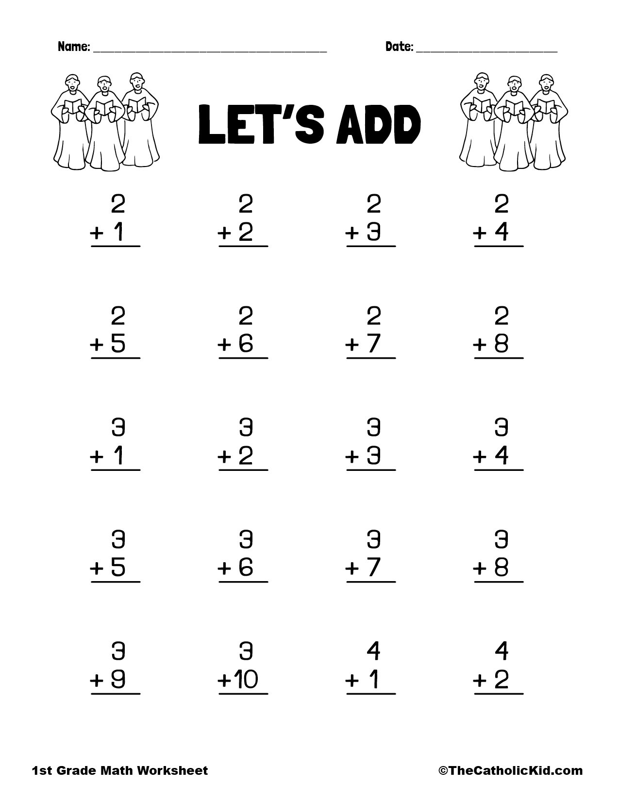 Let S Add 1st Grade Math Adding Worksheet Catholic TheCatholicKid Addition Printout 1st Grade Math Worksheet Catholic