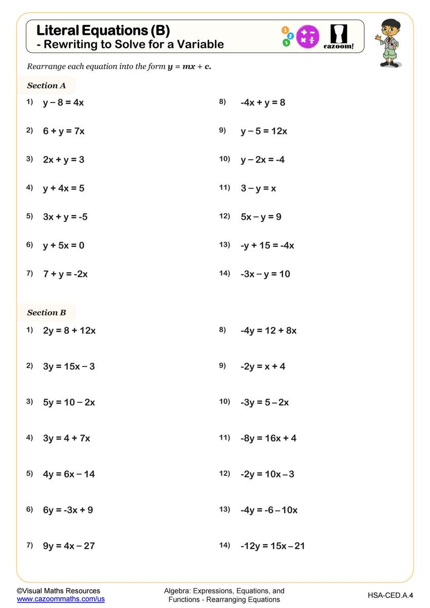 Literal Equations B Rewriting To Solve For A Variable Worksheet PDF Printable Algebra Worksheet Cazoom Math Printable 8th Grade Equations Fill In The Blanks Worksheets Download