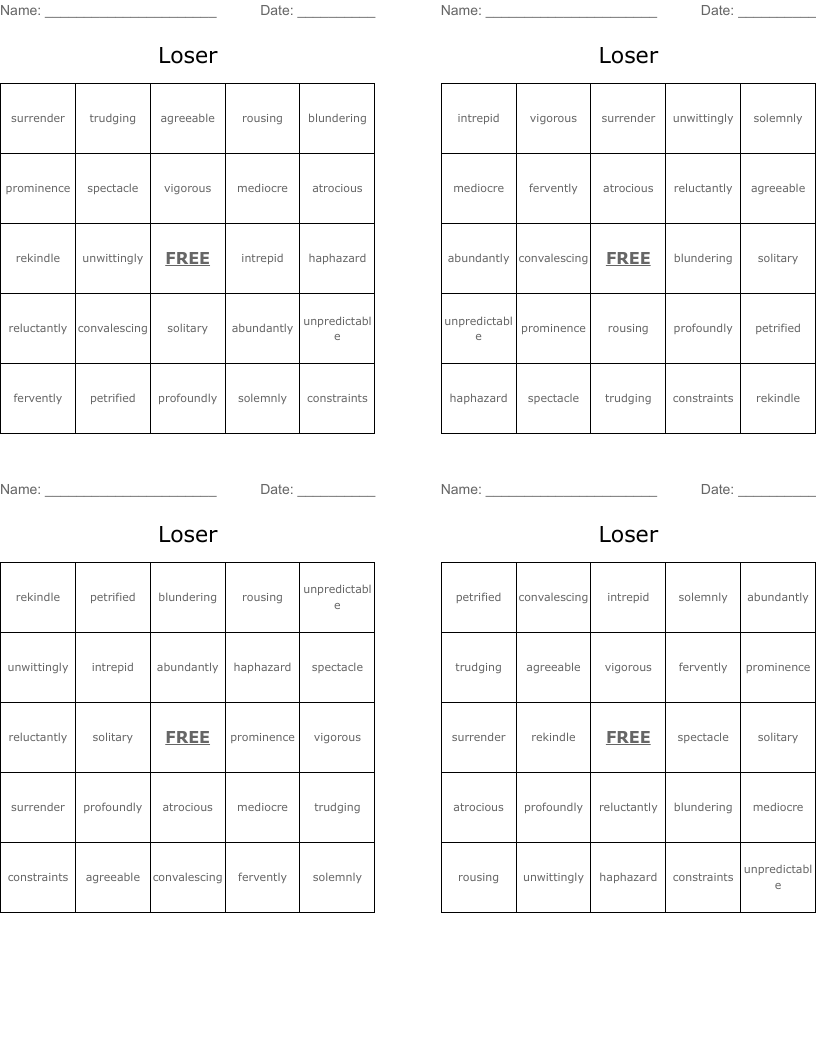 Loser Book Project Word Search WordMint