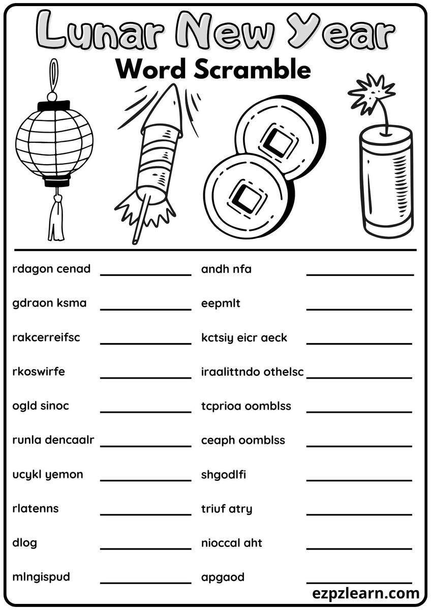 Lunar And Chinese New Year Word Scramble 20 Words Vocabulary Activity Free Printable PDF Ezpzlearn