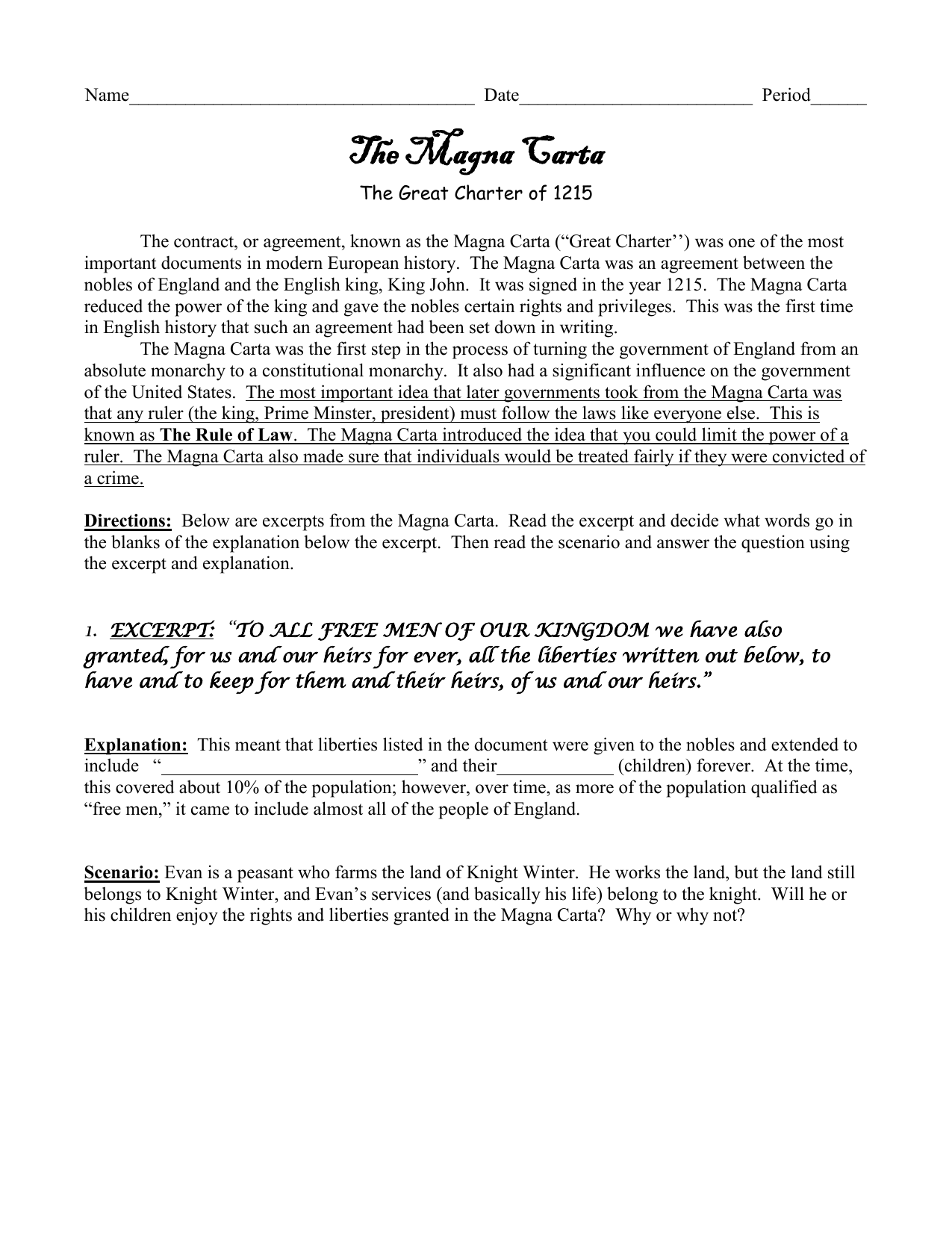 Magna Carta Worksheet History Rule Of Law