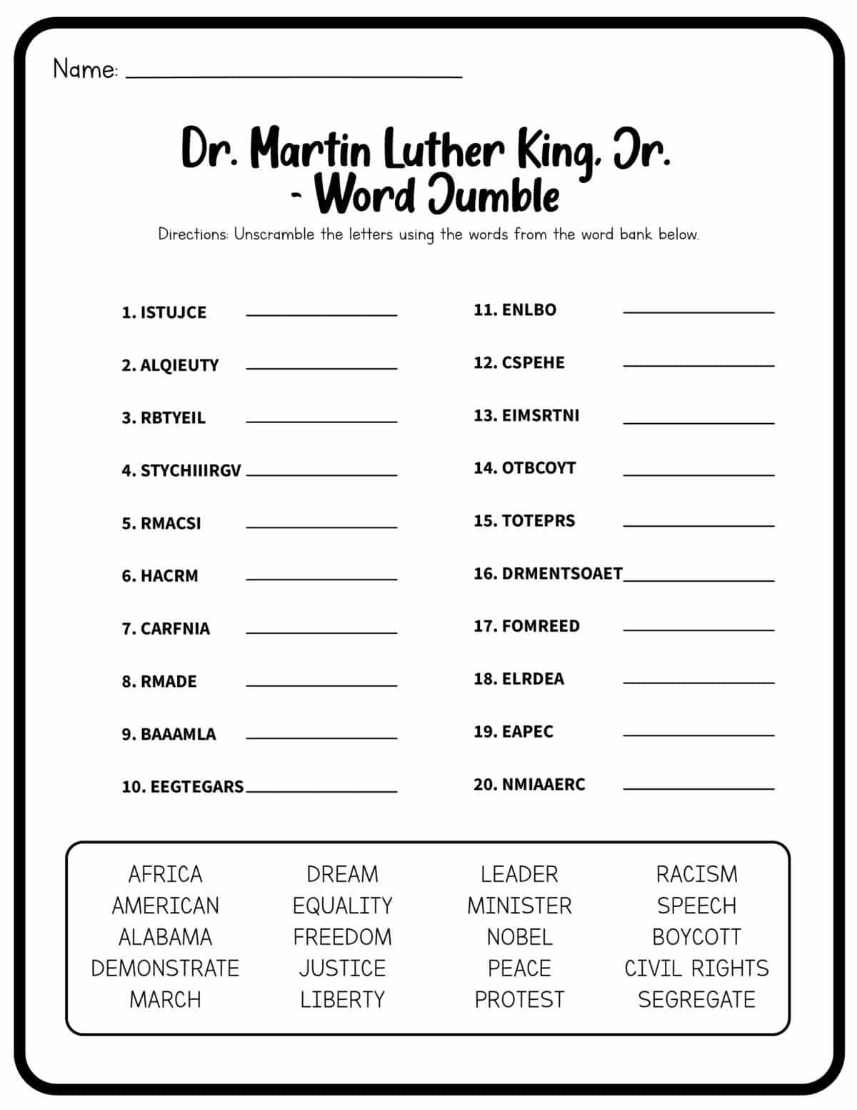 Martin Luther King Jr FREE Printable Word Search Worksheet