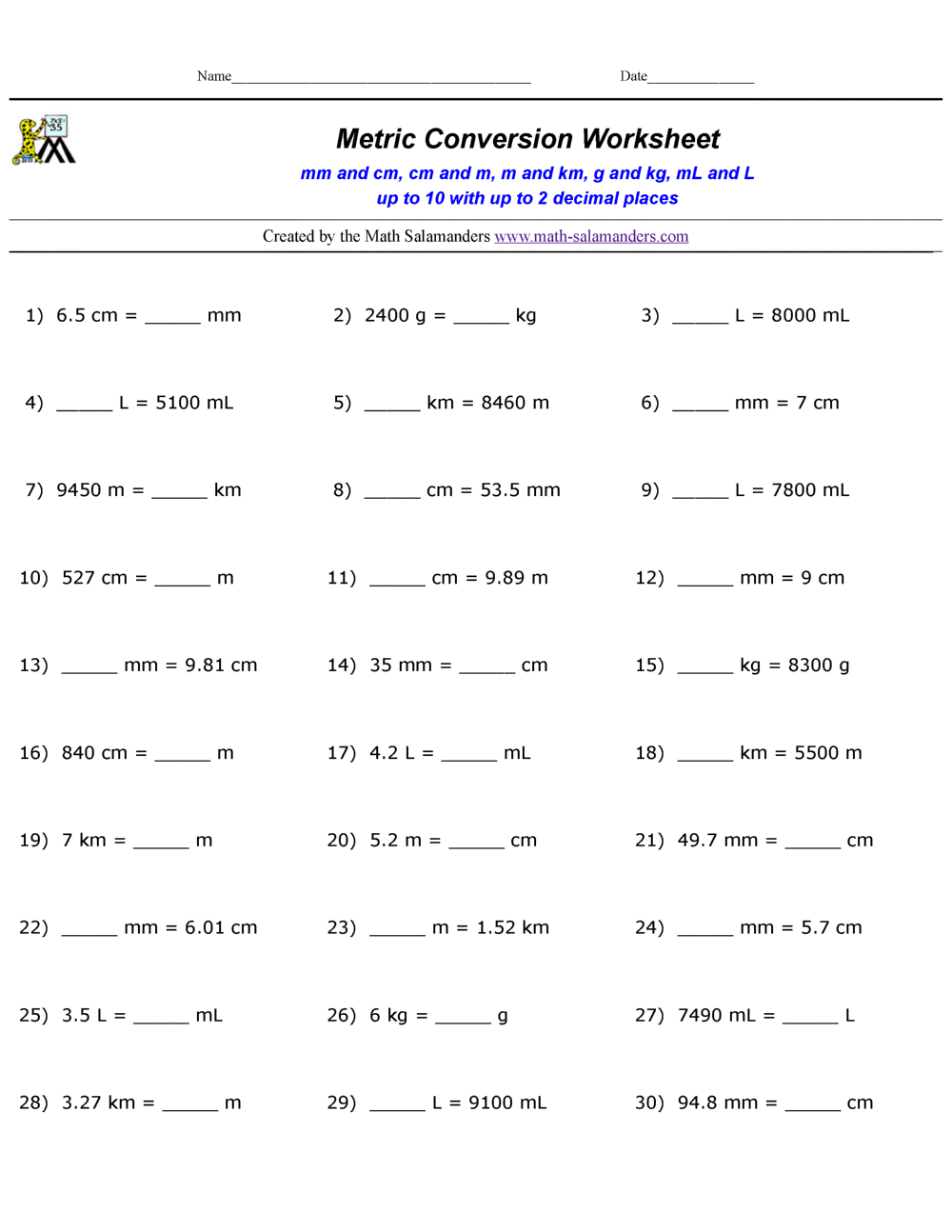 Metric Conversion Practice Worksheets