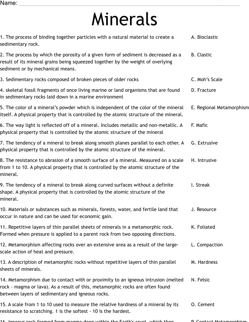 Minerals Worksheet WordMint Properties Of Minerals Activity Answer Key 4th Grade Earth Space Science Classful