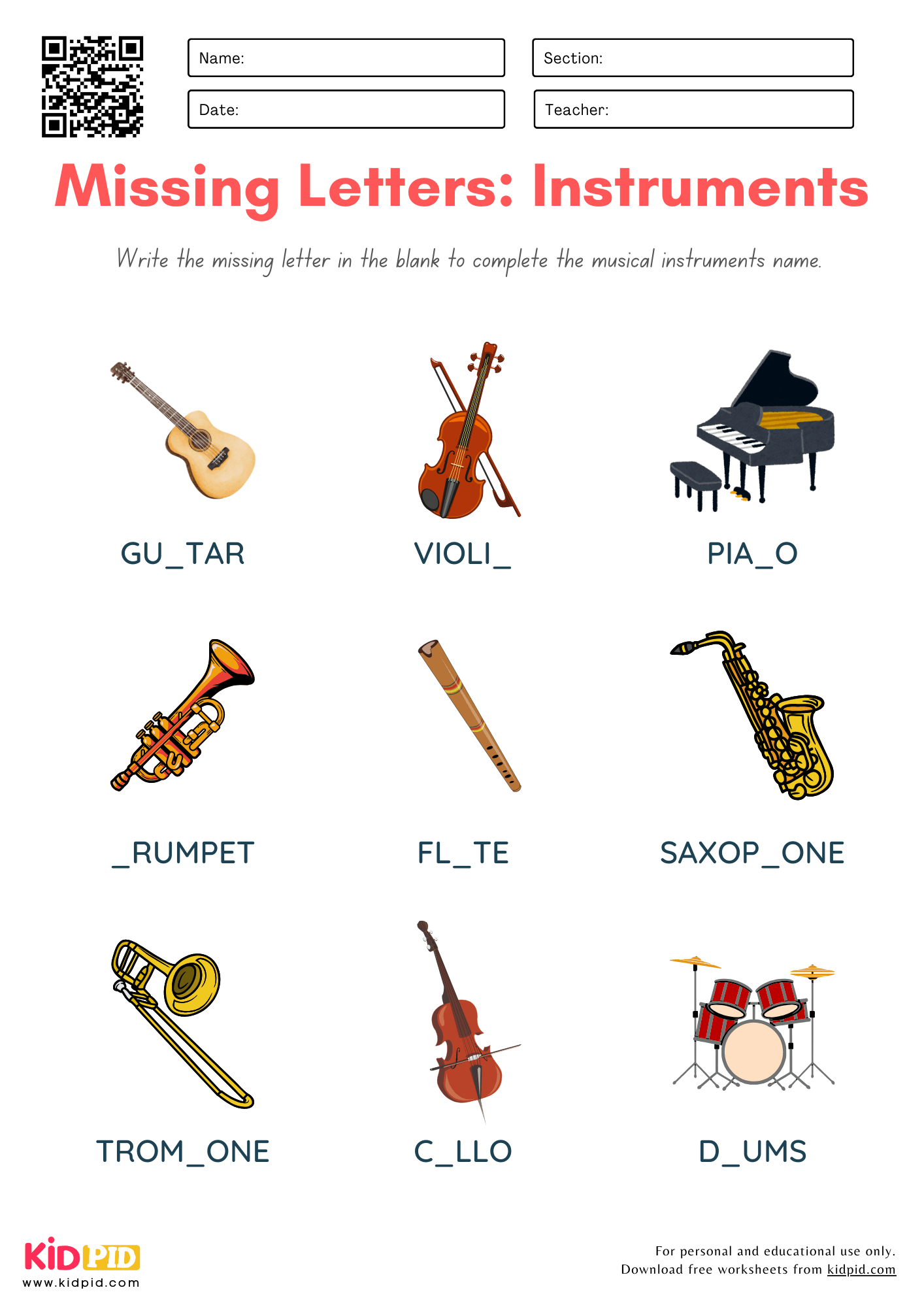 Missing Letters Of Musical Instruments Worksheet For Grade 2 Kidpid Free Music Worksheet Templates To Edit And Print Canva