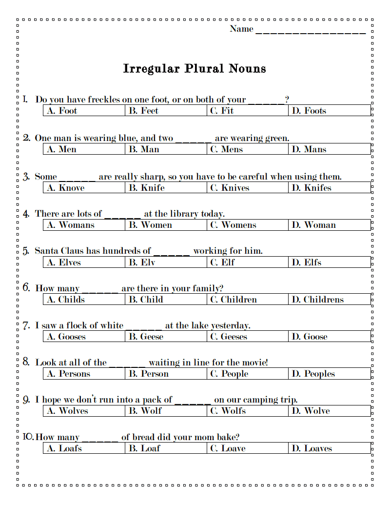Ms Lane S SLP Materials Grammar Irregular Plural Nouns Worksheet Multiple Choice