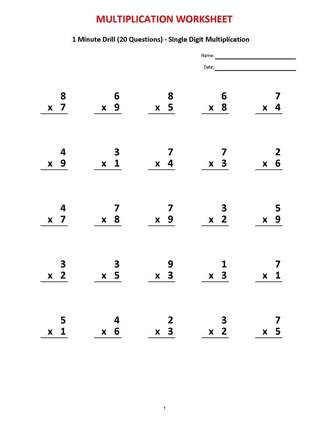 Multiplication 1 minute Drill 10 Math Worksheets With Answers PDF Etsy