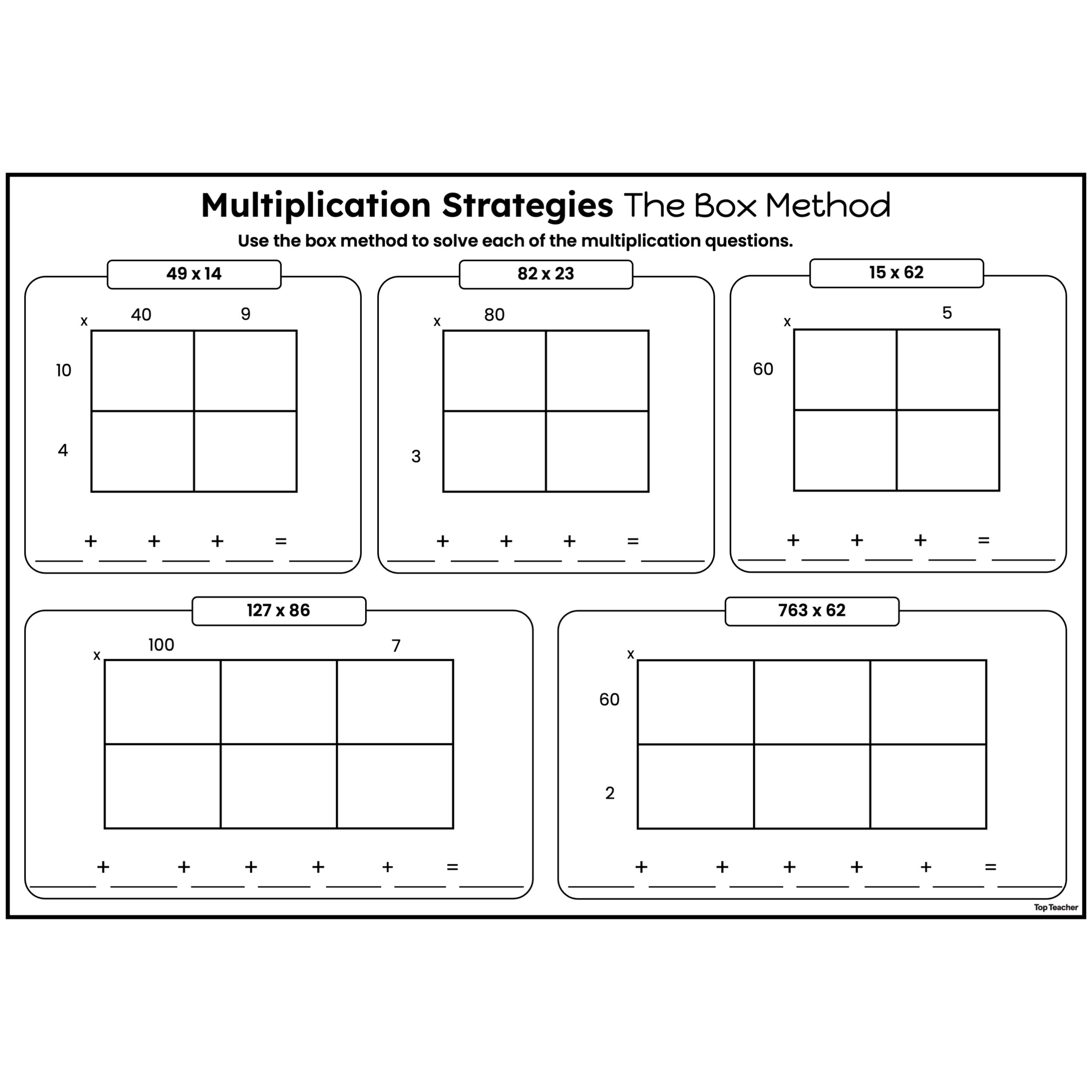 Multiplication Strategies The Box Method Worksheets Top Teacher 1 Digit By 3 Digit Multiplication Worksheets Teach Prints