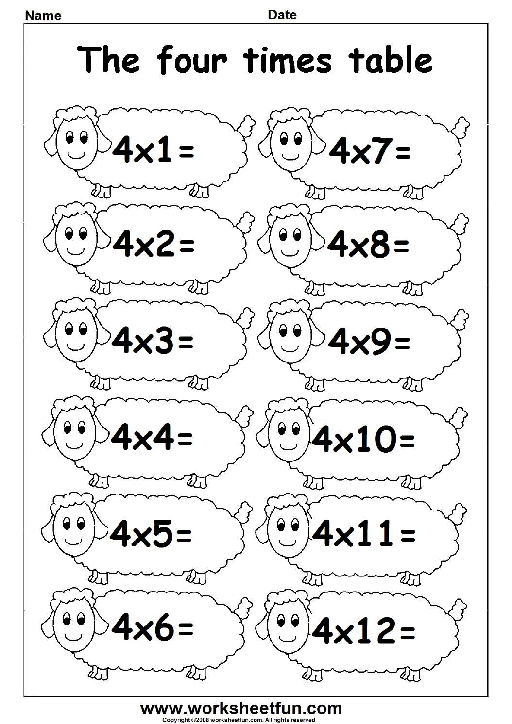 3 4 Times Tables On One Page Free Colorful Multiplication Sheets