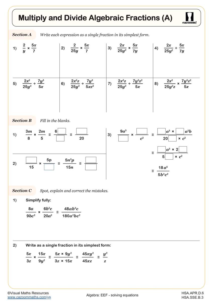 Multiply And Divide Algebraic Fractions A Worksheet Fun And Engaging High School Algebra Worksheet Cazoom Math Multiply And Divide Algebraic Fractions A Worksheet Fun And Engaging High School Algebra Worksheet Cazoom Math