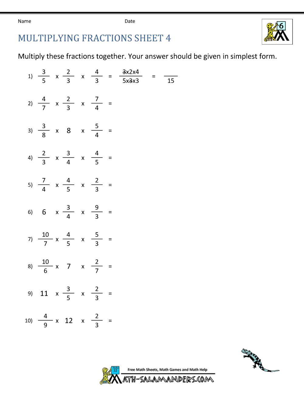 Multiplying Fractions Worksheet