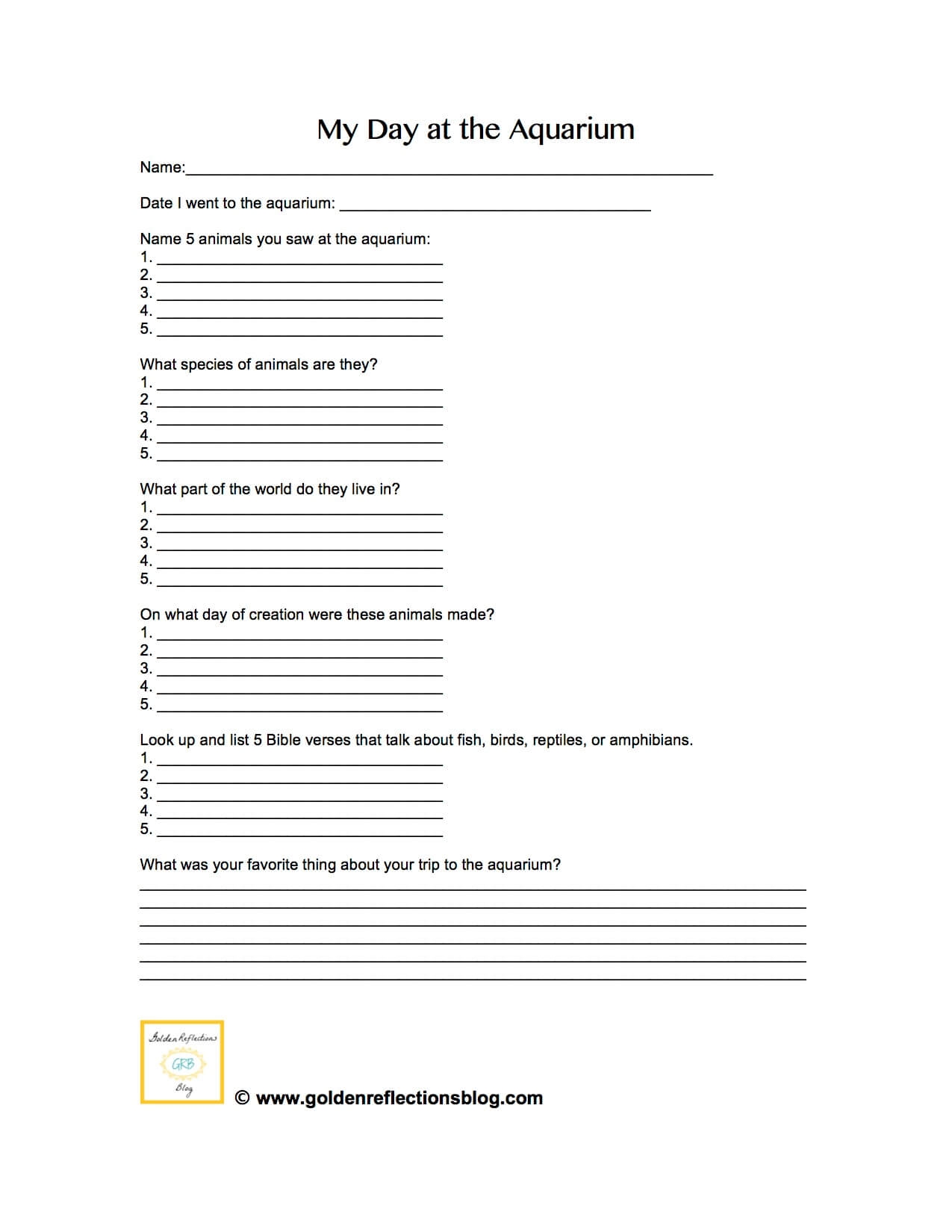 My Day At The Aquarium Worksheet Growing Hands On Kids