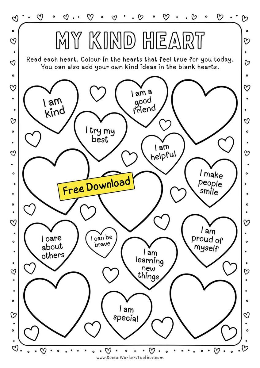 My Kind Heart Free Self Esteem And Positive Self Talk Worksheet For Children Free Social Work Tools And Resources SocialWorkersToolbox My Kind Heart Free Self Esteem And Positive Self Talk Worksheet For Children Free Social Work Tools And Resources SocialWorkersToolbox