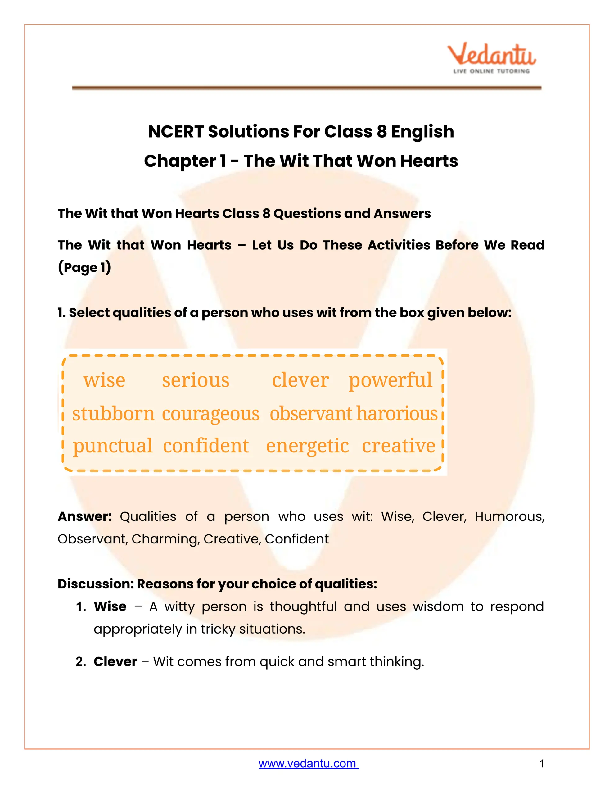 NCERT Solutions Class 8 English Chapter 1 The Wit That Won Hearts NCERT Solutions Class 8 English Chapter 1 The Wit That Won Hearts