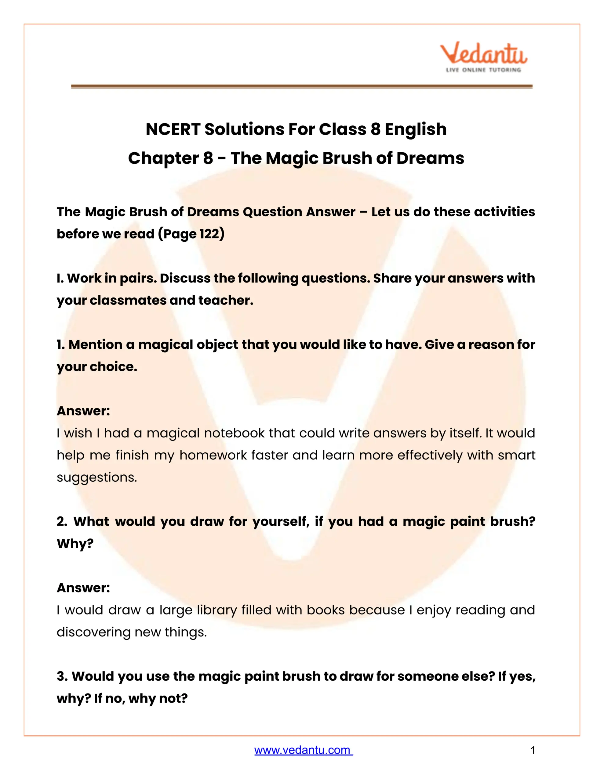 NCERT Solutions Class 8 English Poorvi Chapter 8 The Magic Brush Of Dreams NCERT Solutions Class 8 English Chapter 1 The Wit That Won Hearts