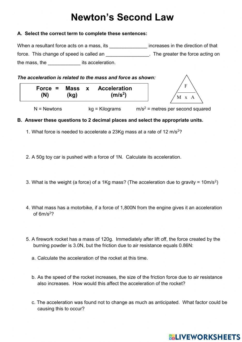 Newtons Second Law Exercise Worksheets Library