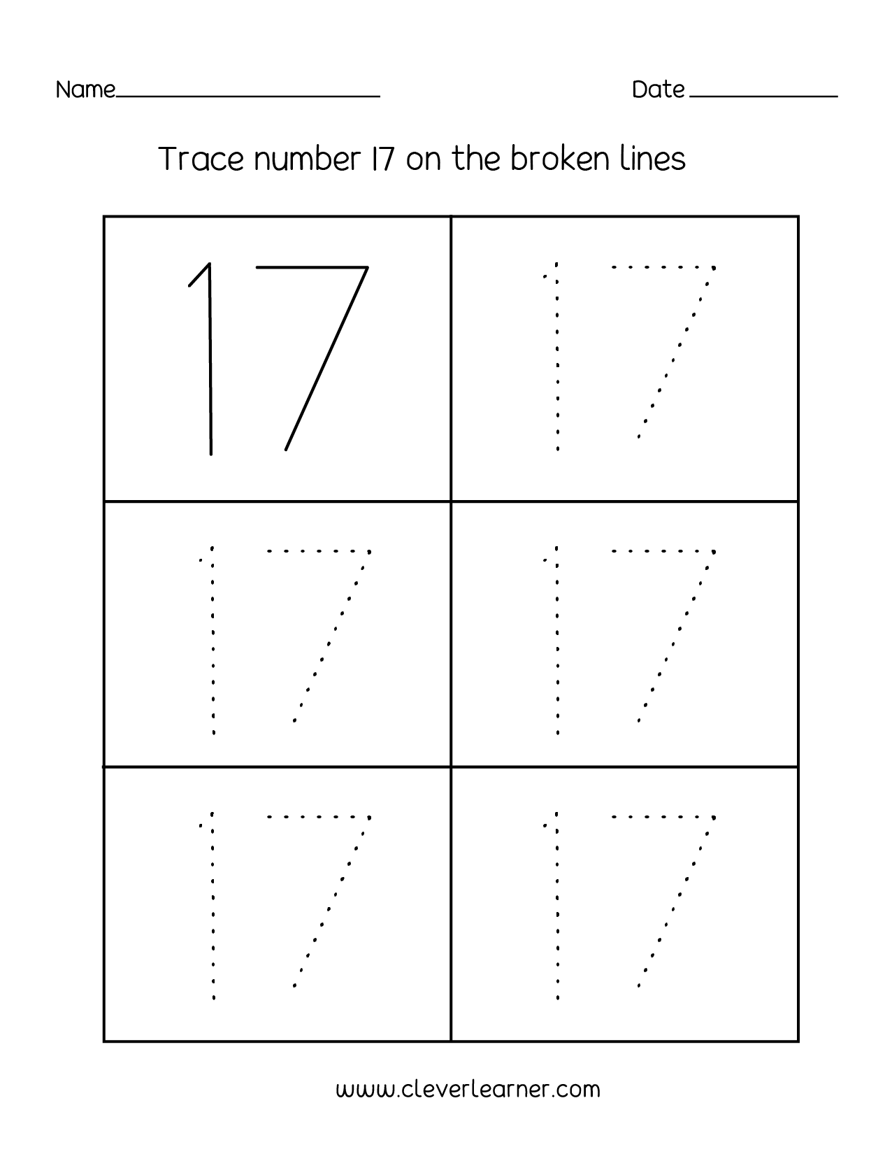 Number 17 Writing Counting And Identification Printable Worksheets For Children