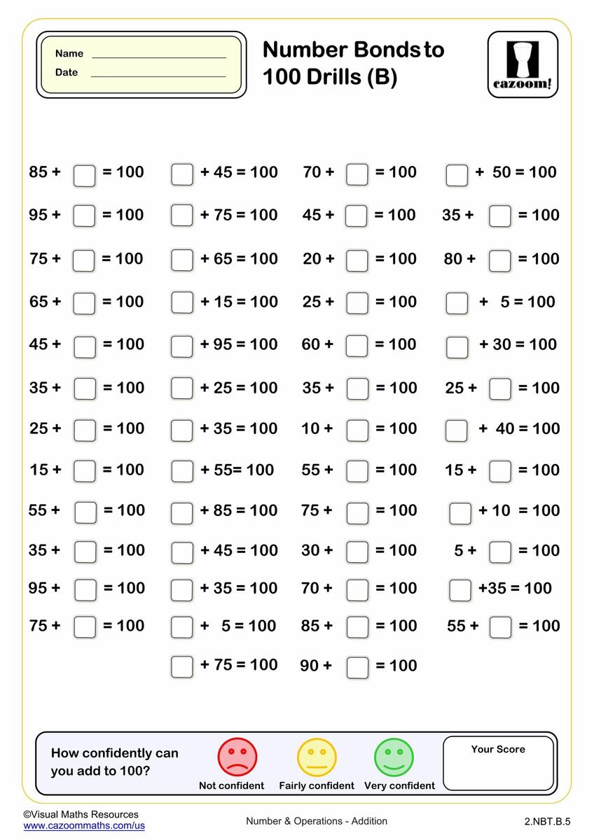 Number Bond To 100 Drills B 50 Questions PDF Printable Addition Worksheets Cazoom Math Number Bond To 100 Drills B 50 Questions PDF Printable Addition Worksheets Cazoom Math