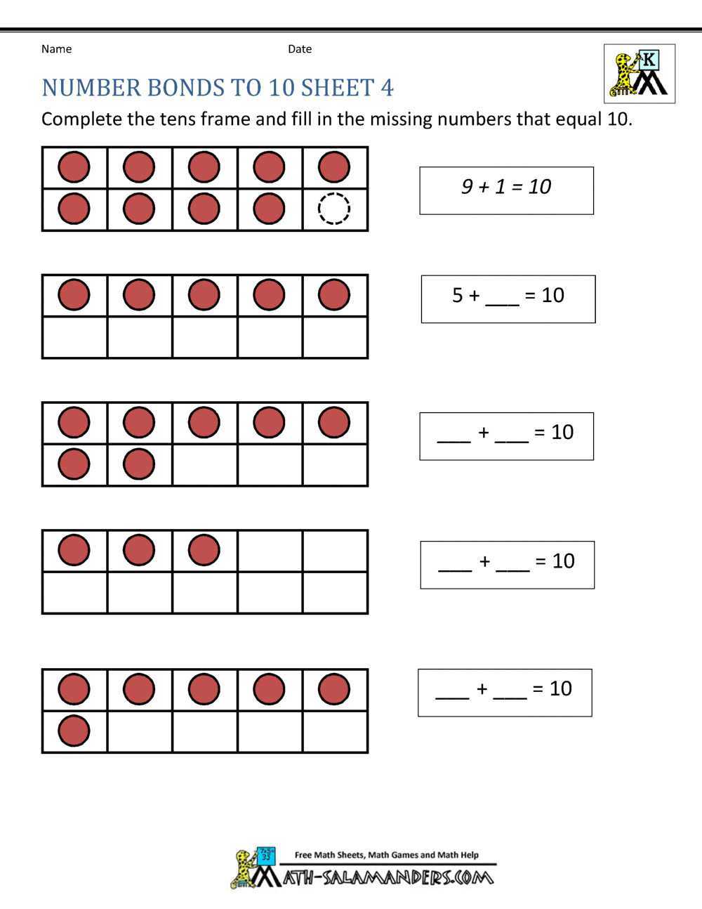 Number Bonds To 10 Worksheets