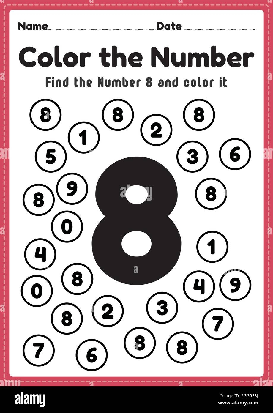 Number Worksheets For Kindergarten Number 8 Coloring Math Activities For Preschool Kids To Learn Basic Mathematics Skills In A Printable Page Stock Vector Image Art Alamy Download Number 8 Preschool Worksheets Printable PDF
