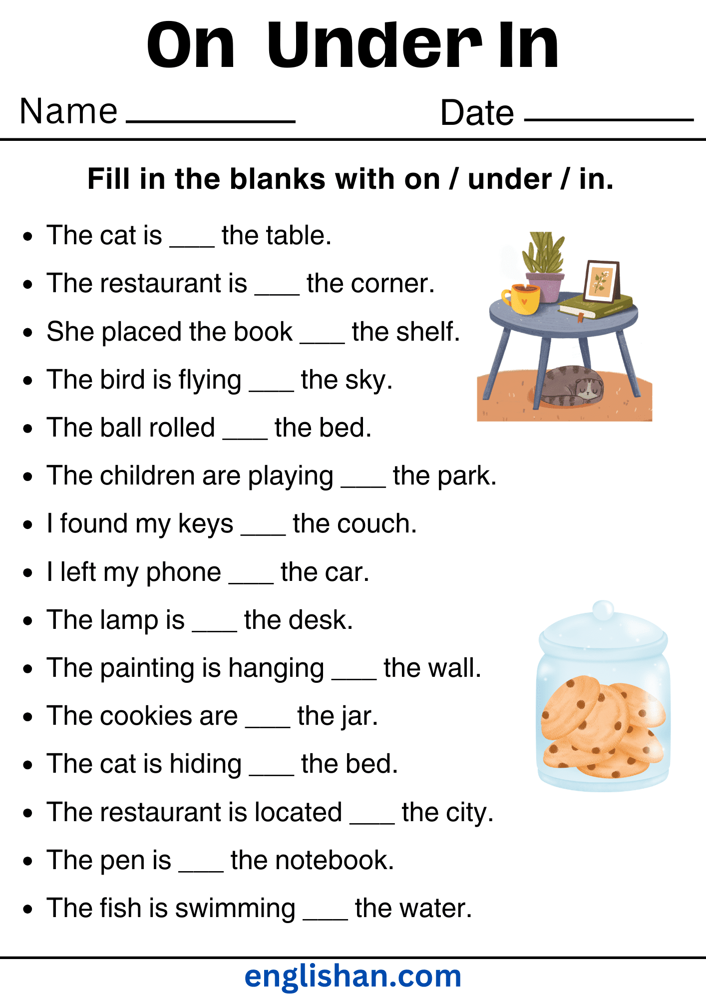 On Under In Worksheets Preposition Of Place With Answers