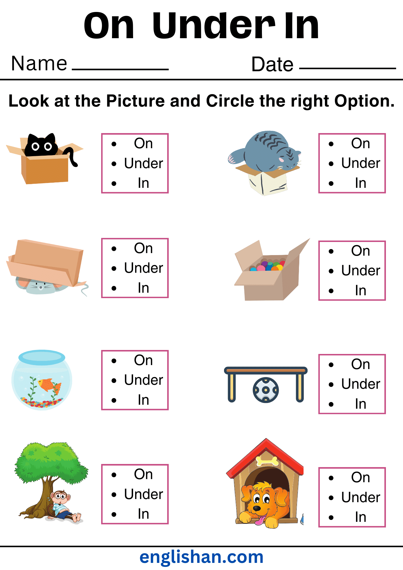 On Under In Worksheets Preposition Of Place With Answers