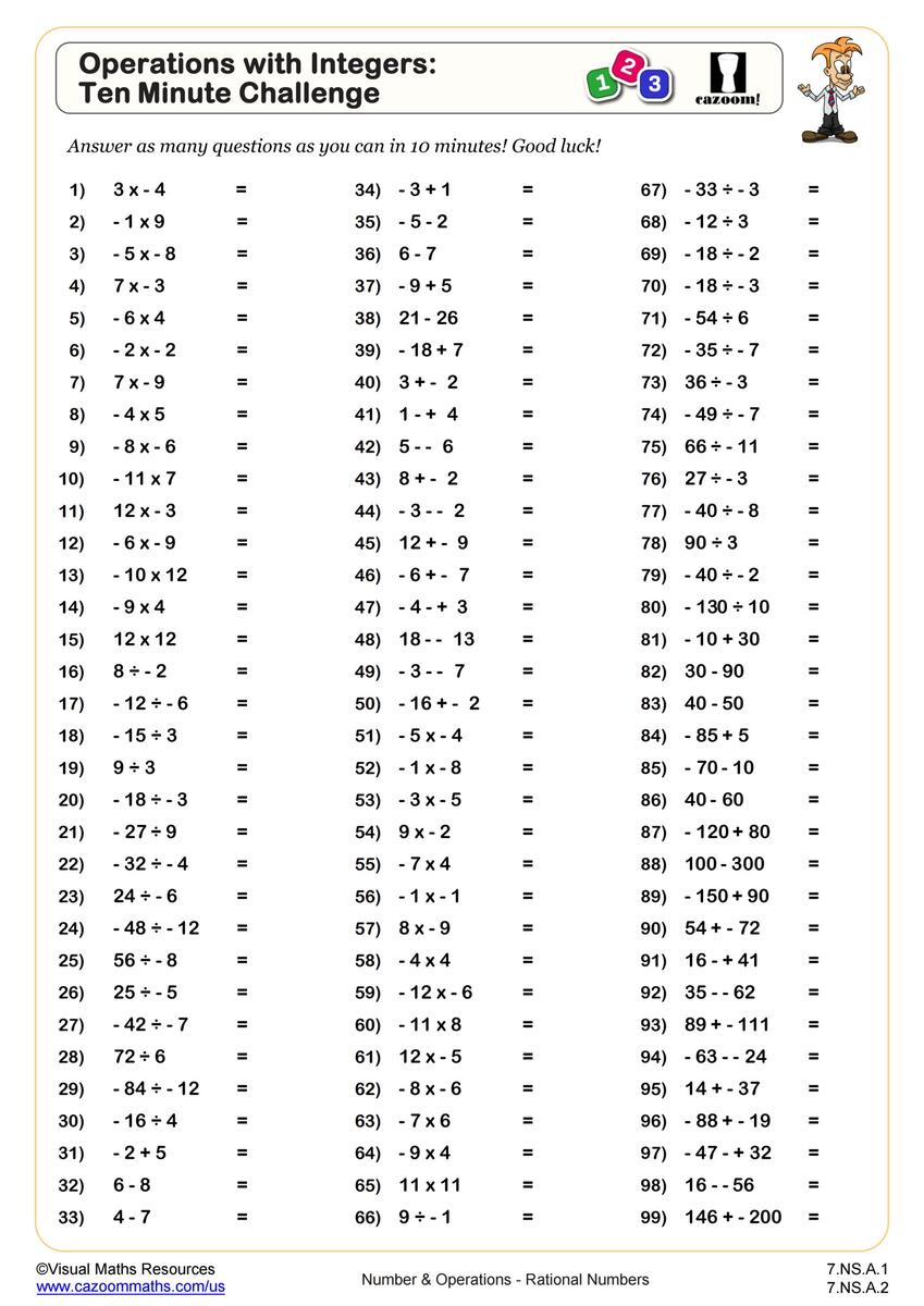 Operations With Integers Ten Minute Challenge Worksheet PDF Printable Number Operations Worksheet Cazoom Math Seventh Grade Comparing Integers Worksheet