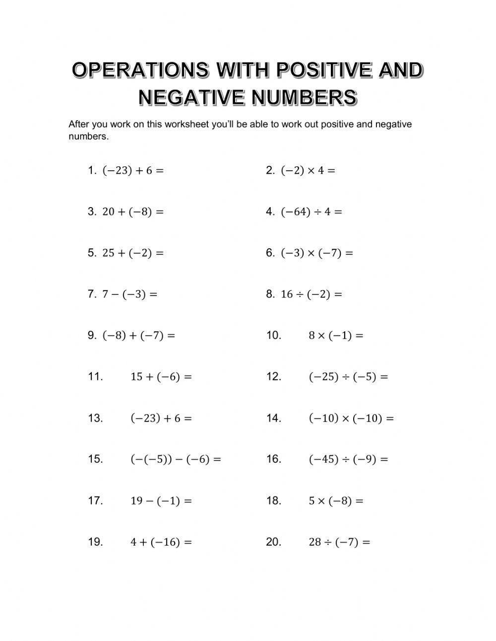 Operations With Positive And Negative Numbers Interactive Worksheets Library