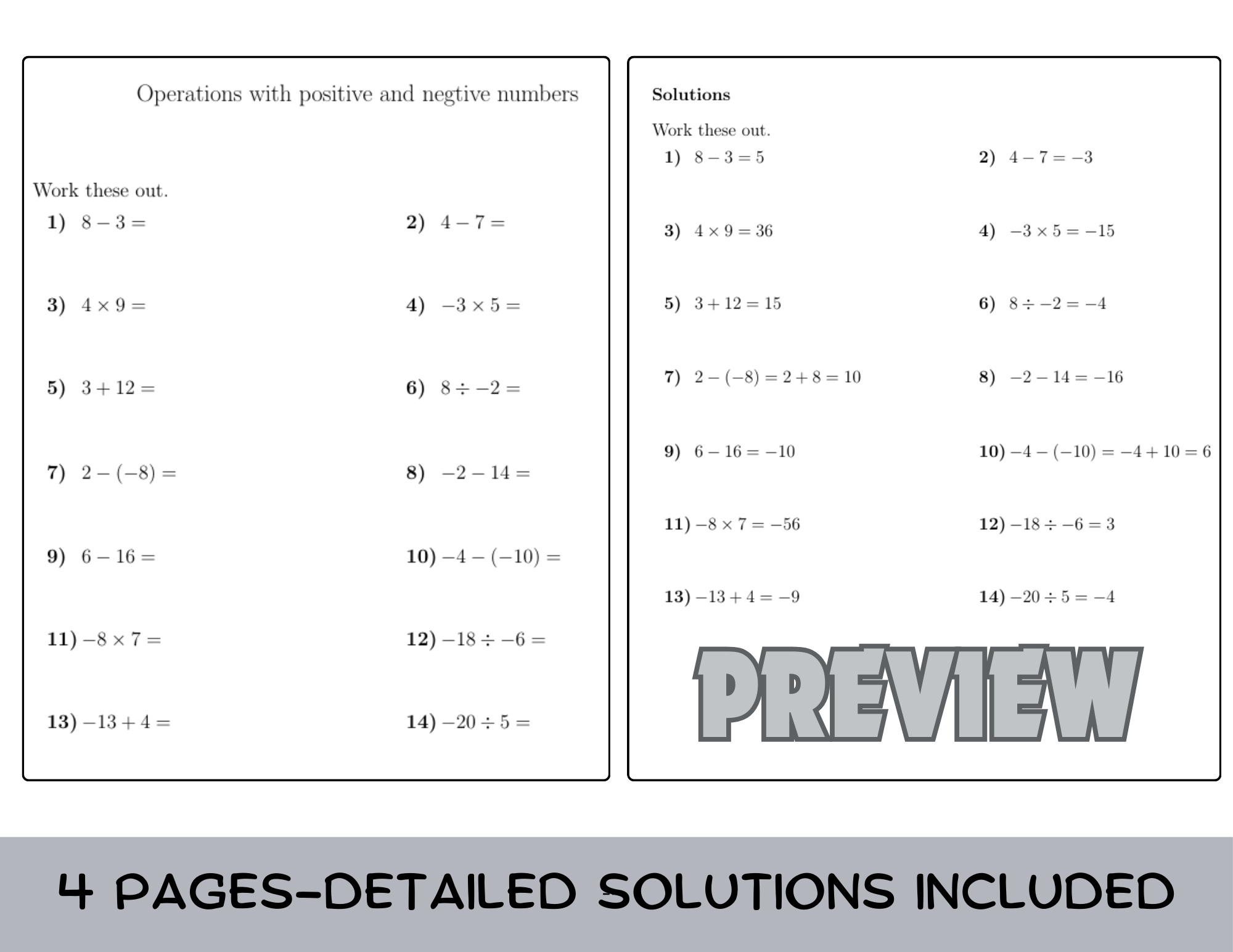 Operations With Positive And Negative Numbers Worksheet With Answers Teaching Resources