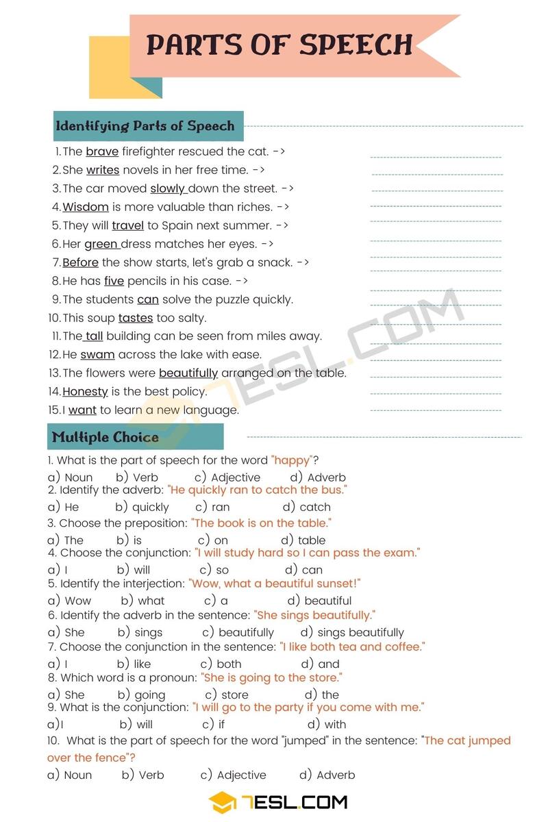 Parts Of Speech Worksheet Parts Of Speech Exercises 7ESL Identify Parts Of Speech ESL Worksheet By Mariajane Worksheets Library