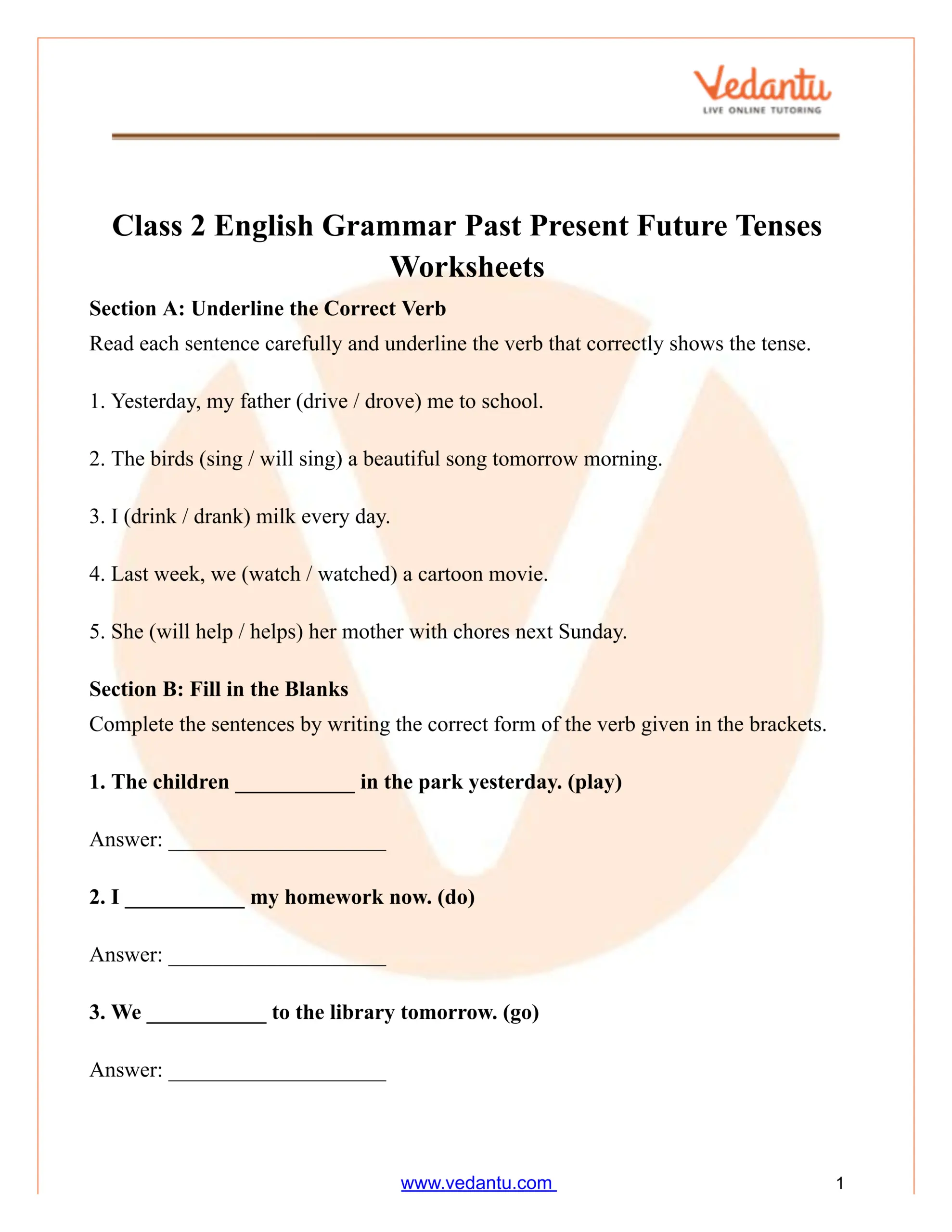 Past Present Future Tenses Worksheet For Class 2 PDF Past Present Future Tenses Worksheet For Class 2 PDF