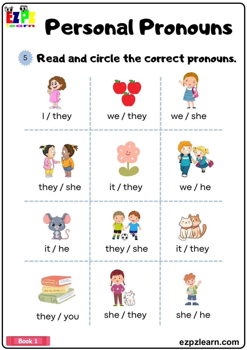 Personal Pronouns Read And Circle The Correct Pronouns Grammar Worksheet Book 1 Ezpzlearn Personal Pronouns Activity Worksheets For Grade 2 3 4 Made By Teachers