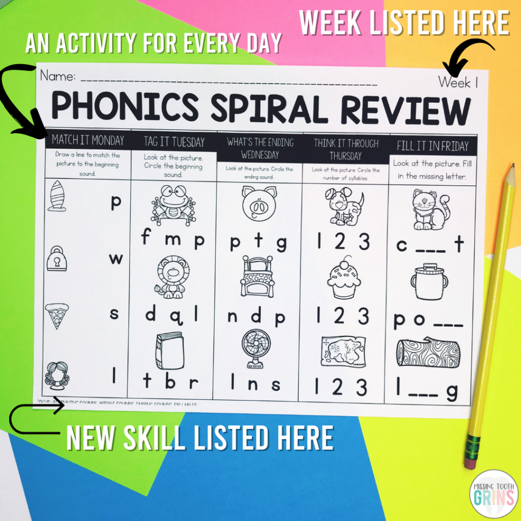 Phonics Spiral Review 6 Things You Need To Know Missing Tooth Grins Kindergarten Daily Spiral Review Worksheets Educational Activity Home Learning Homeschool Math Worksheet Reading Printable Etsy