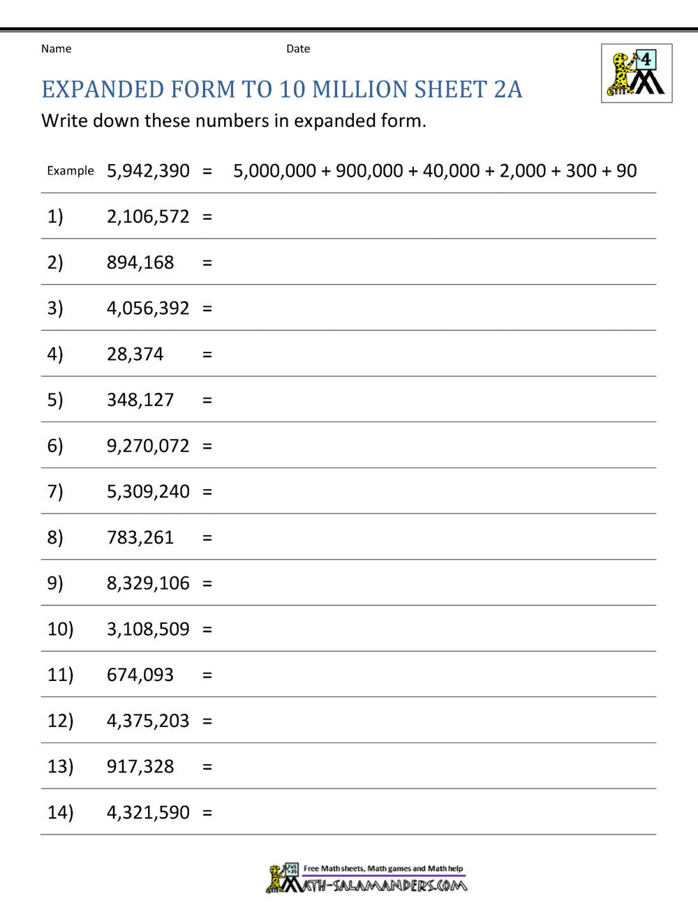 Place Value Worksheet Up To 10 Million Place Value Worksheet Up To 10 Million