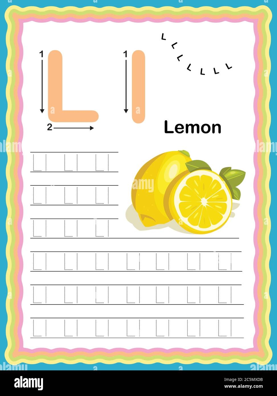 Preschool Colorful Letter L Uppercase And Lowercase Tracing Alphabets Start With Vegetables And Fruits Daily Writing Practice Worksheet Printable A4 Stock Vector Image Art Alamy Free Letter L Tracing Worksheet Printable Mermaid Themed Sly Spoon