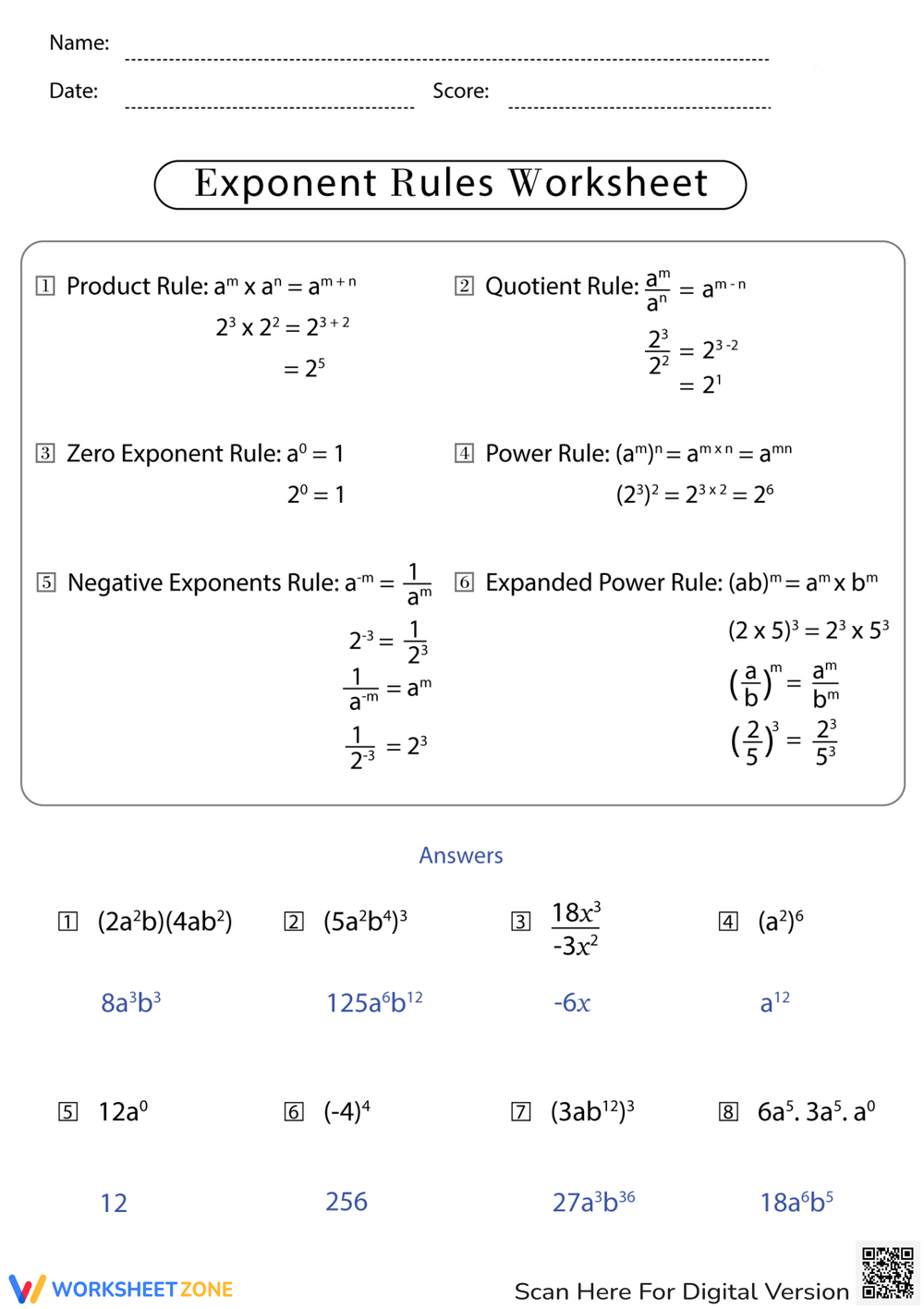 Printable Exponent Rules Review Worksheets Printable Exponent Rules Review Worksheets