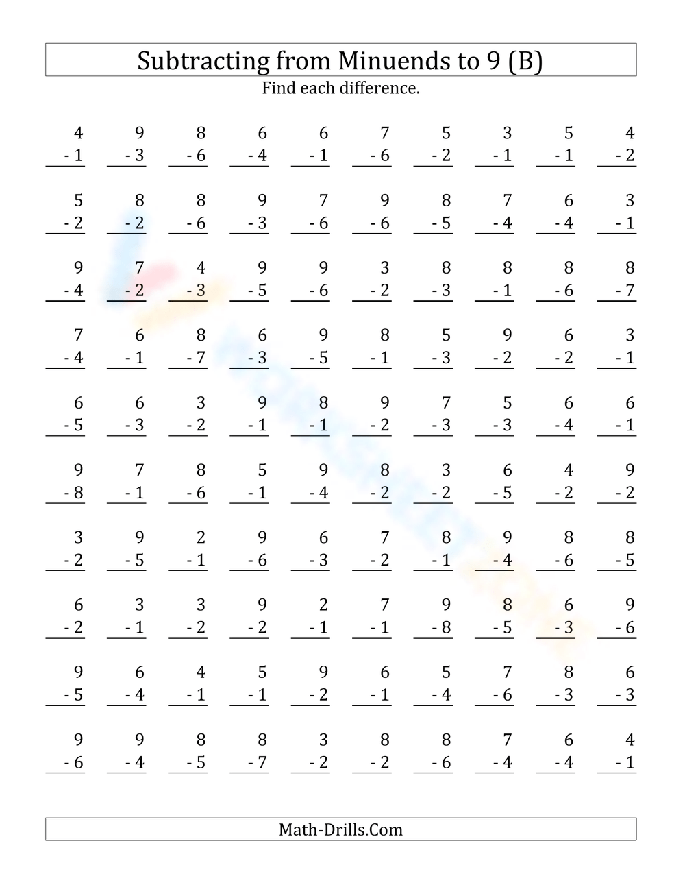 Printable Single Digit Subtraction Worksheets Printable Single Digit Subtraction Worksheets