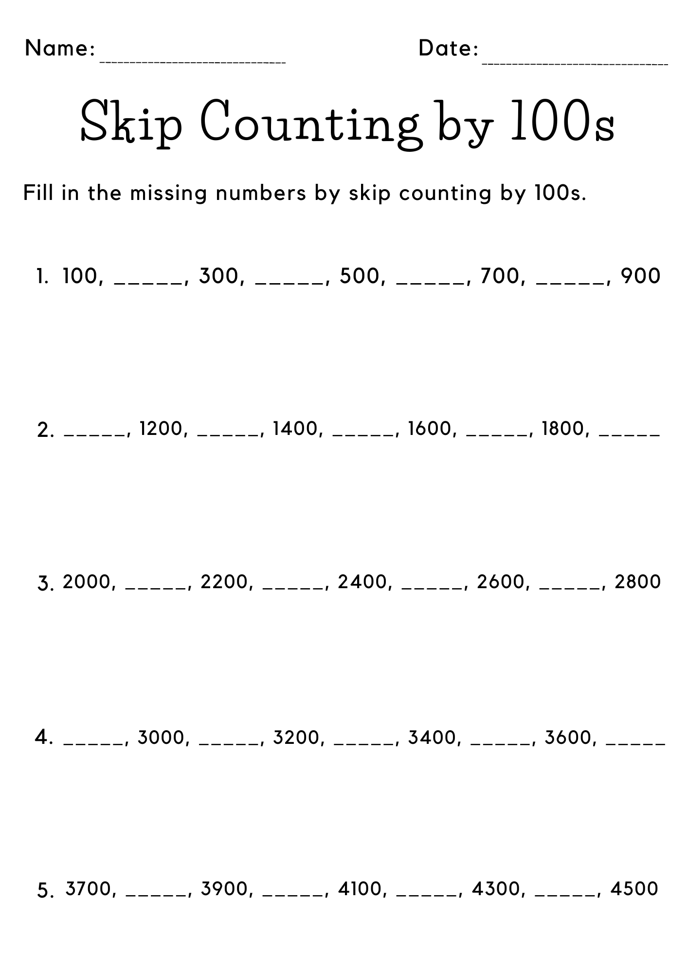 Printable Skip Counting By 100 Worksheets For Grade 1 2 3 Teaching Resources