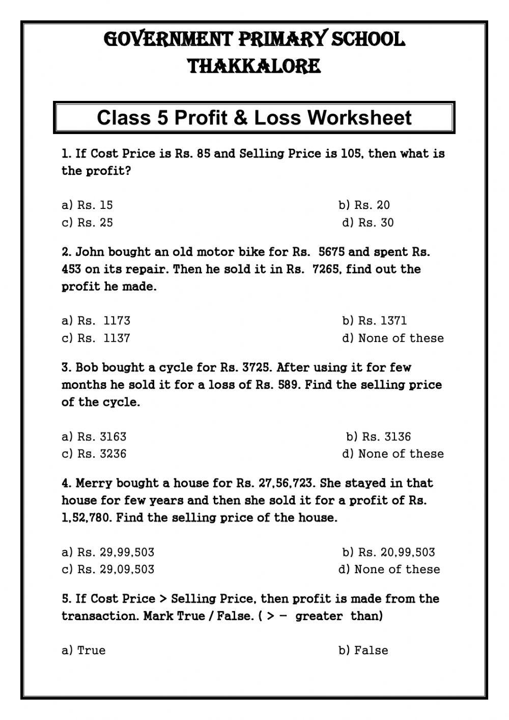Comparing Quantities Profit Loss Worksheet Worksheets Library