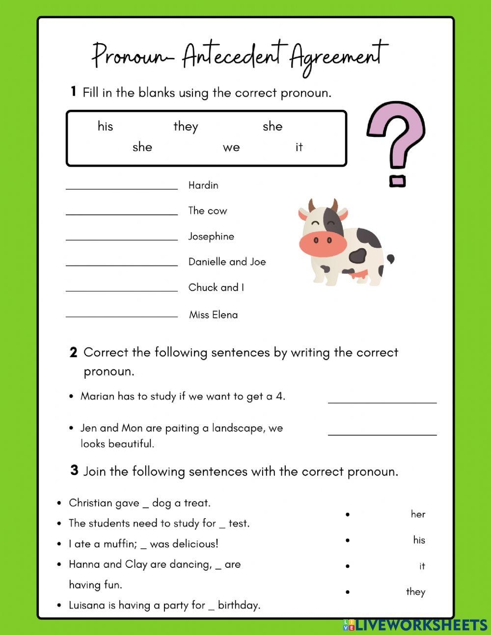Pronoun Antecedent Agreement Worksheet Worksheets Library