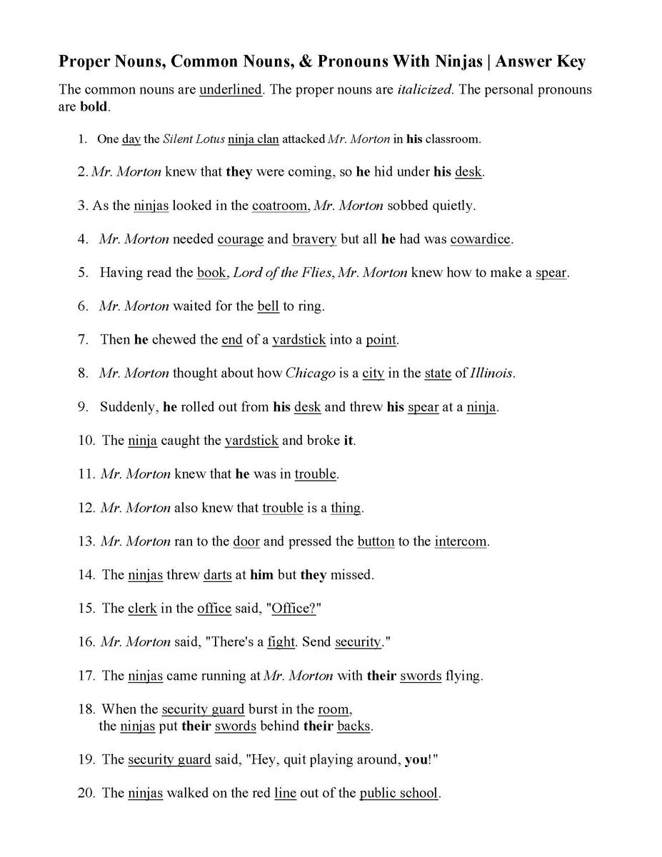 Proper Nouns Common Nouns And Pronouns Worksheet With Ninjas Parts Of Speech Activity