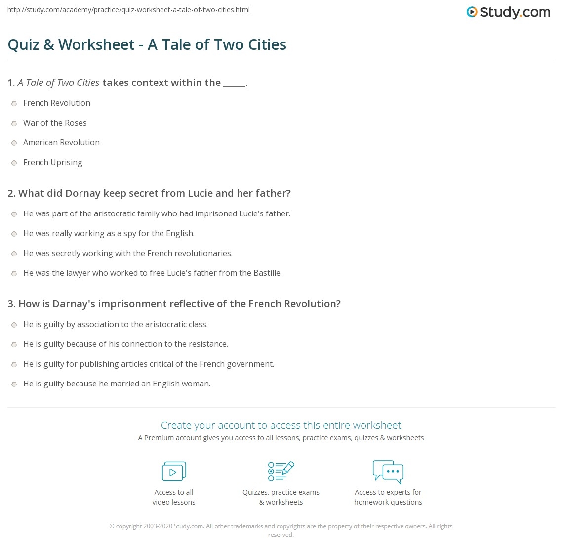 Quiz Worksheet A Tale Of Two Cities Study