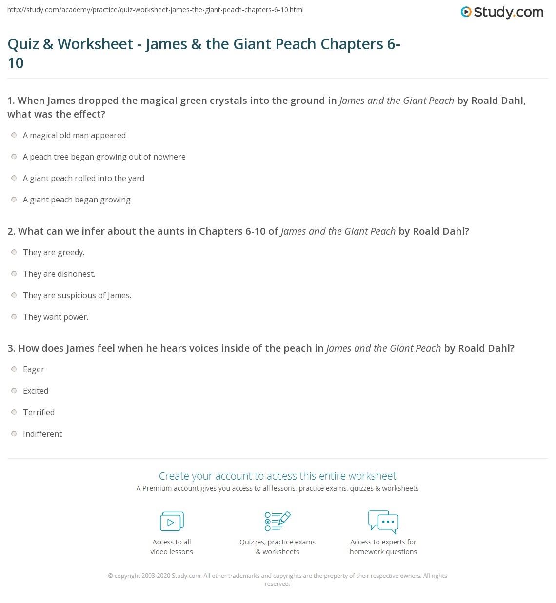 Quiz Worksheet James The Giant Peach Chapters 6 10 Study