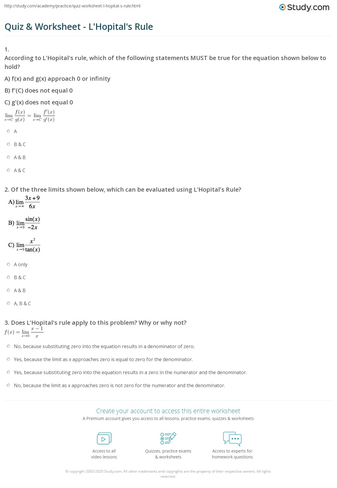 Quiz Worksheet L Hopital s Rule Study