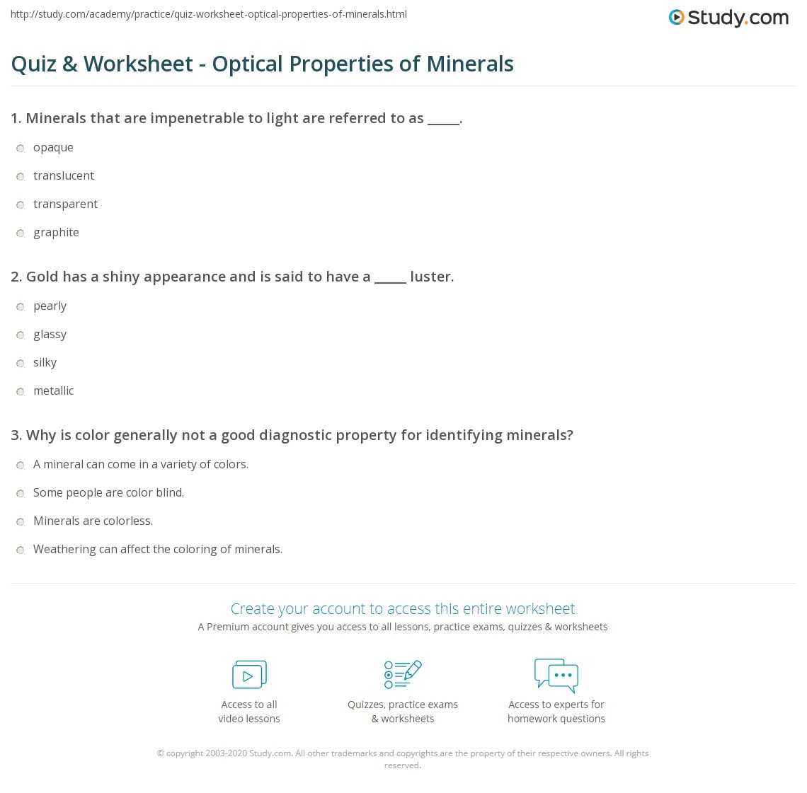 Quiz Worksheet Optical Properties Of Minerals Study