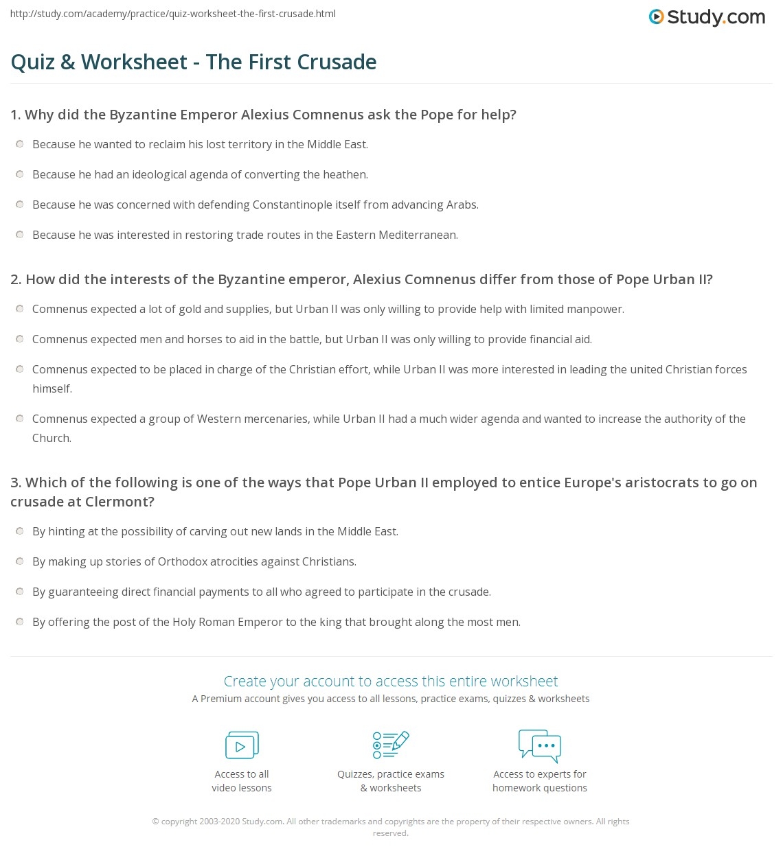 Quiz Worksheet The First Crusade Study Quiz Worksheet The First Crusade Study