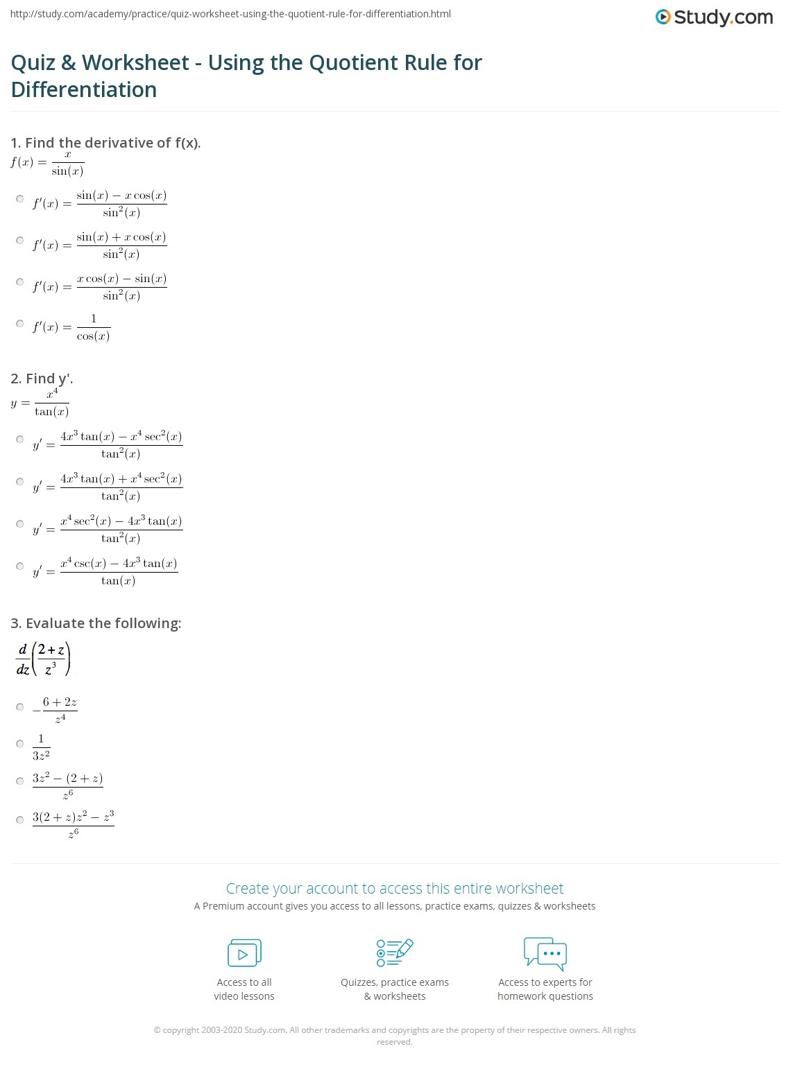 Quiz Worksheet Using The Quotient Rule For Differentiation Worksheets Library