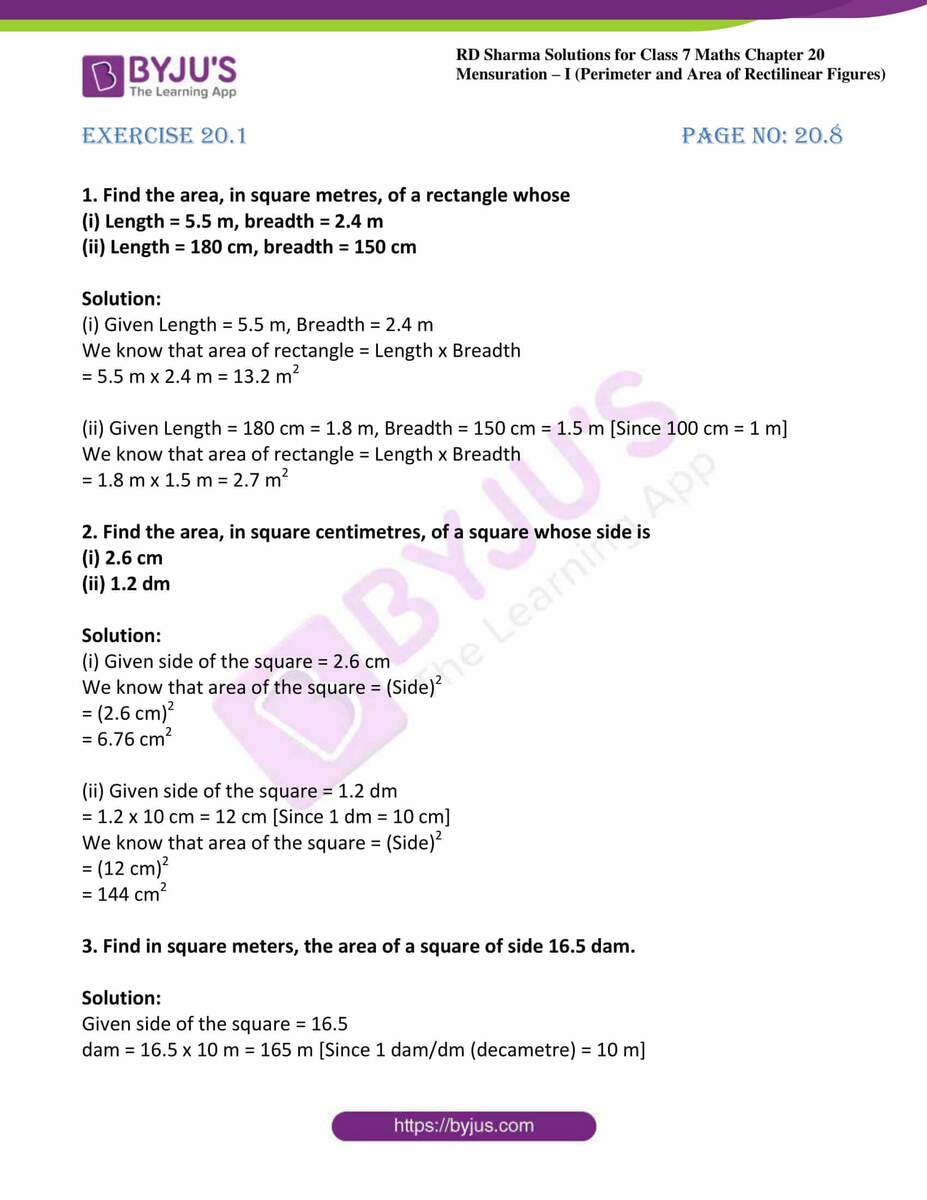 RD Sharma Solutions Class 7 Maths Chapter 20 Mensuration I Perimeter And Area Of Rectilinear Figures