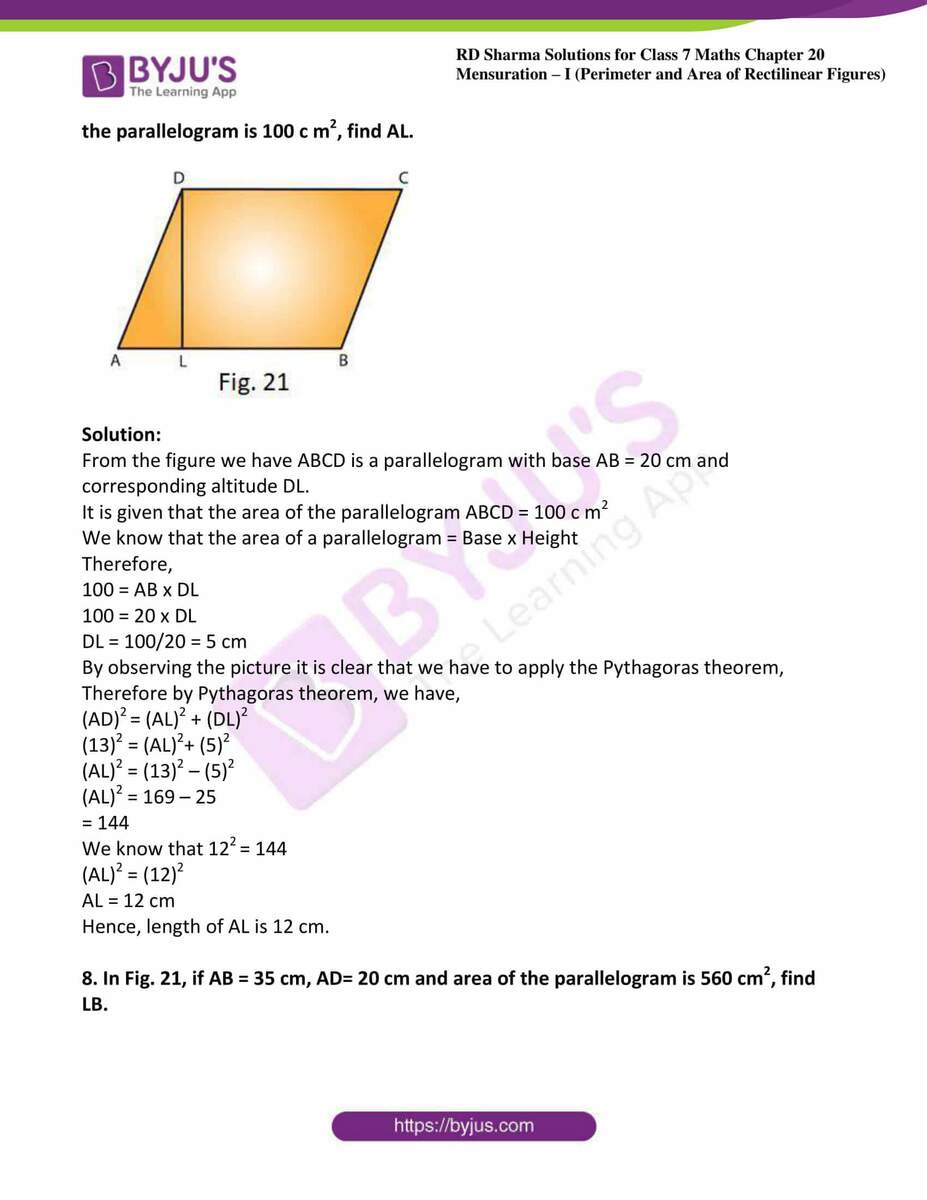 RD Sharma Solutions Class 7 Maths Chapter 20 Mensuration I Perimeter And Area Of Rectilinear Figures